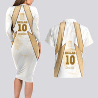 Hellas Athletic Couples Matching Long Sleeve Bodycon Dress and Hawaiian Shirt with Ancient Greek Shield Graphic and Numbered Back