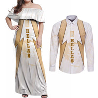 Hellas Athletic Couples Matching Off Shoulder Maxi Dress and Long Sleeve Button Shirt with Ancient Greek Shield Graphic and Numbered Back