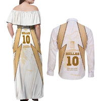 Hellas Athletic Couples Matching Off Shoulder Maxi Dress and Long Sleeve Button Shirt with Ancient Greek Shield Graphic and Numbered Back