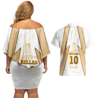 Hellas Athletic Couples Matching Off Shoulder Short Dress and Hawaiian Shirt with Ancient Greek Shield Graphic and Numbered Back