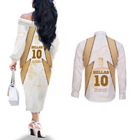 Hellas Athletic Couples Matching Off The Shoulder Long Sleeve Dress and Long Sleeve Button Shirt with Ancient Greek Shield Graphic and Numbered Back