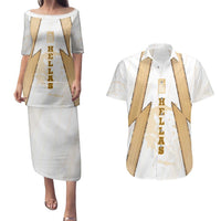 Hellas Athletic Couples Matching Puletasi and Hawaiian Shirt with Ancient Greek Shield Graphic and Numbered Back