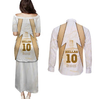 Hellas Athletic Couples Matching Puletasi and Long Sleeve Button Shirt with Ancient Greek Shield Graphic and Numbered Back