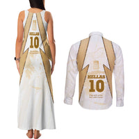 Hellas Athletic Couples Matching Tank Maxi Dress and Long Sleeve Button Shirt with Ancient Greek Shield Graphic and Numbered Back