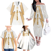 Hellas Athletic Family Matching Off The Shoulder Long Sleeve Dress and Hawaiian Shirt with Ancient Greek Shield Graphic and Numbered Back