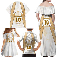 Hellas Athletic Family Matching Off Shoulder Maxi Dress and Hawaiian Shirt with Ancient Greek Shield Graphic and Numbered Back