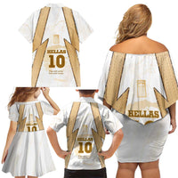 Hellas Athletic Family Matching Off Shoulder Short Dress and Hawaiian Shirt with Ancient Greek Shield Graphic and Numbered Back