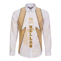 Hellas Athletic Long Sleeve Button Shirt with Ancient Greek Shield Graphic and Numbered Back