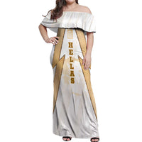 Hellas Athletic Off Shoulder Maxi Dress with Ancient Greek Shield Graphic and Numbered Back