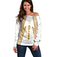 Hellas Athletic Off Shoulder Sweater with Ancient Greek Shield Graphic and Numbered Back
