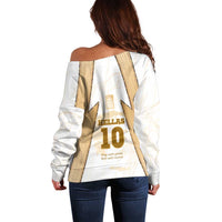 Hellas Athletic Off Shoulder Sweater with Ancient Greek Shield Graphic and Numbered Back