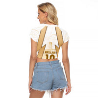 Hellas Athletic Raglan Cropped T Shirt with Ancient Greek Shield Graphic and Numbered Back