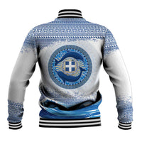 Greece Dolphin Baseball Jacket with Greek Key Pattern and Ocean Wave Design
