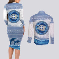 Greece Dolphin Couples Matching Long Sleeve Bodycon Dress and Long Sleeve Button Shirt with Greek Key Pattern and Ocean Wave Design