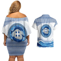 Greece Dolphin Couples Matching Off Shoulder Short Dress and Hawaiian Shirt with Greek Key Pattern and Ocean Wave Design