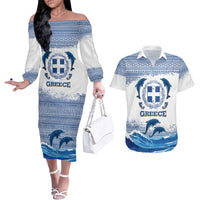 Greece Dolphin Couples Matching Off The Shoulder Long Sleeve Dress and Hawaiian Shirt with Greek Key Pattern and Ocean Wave Design