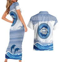 Greece Dolphin Couples Matching Short Sleeve Bodycon Dress and Hawaiian Shirt with Greek Key Pattern and Ocean Wave Design