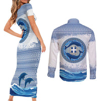 Greece Dolphin Couples Matching Short Sleeve Bodycon Dress and Long Sleeve Button Shirt with Greek Key Pattern and Ocean Wave Design