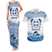Greece Dolphin Couples Matching Tank Maxi Dress and Hawaiian Shirt with Greek Key Pattern and Ocean Wave Design