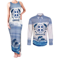 Greece Dolphin Couples Matching Tank Maxi Dress and Long Sleeve Button Shirt with Greek Key Pattern and Ocean Wave Design