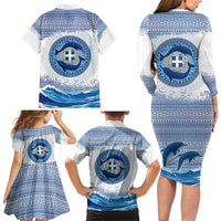 Greece Dolphin Family Matching Long Sleeve Bodycon Dress and Hawaiian Shirt with Greek Key Pattern and Ocean Wave Design