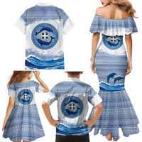 Greece Dolphin Family Matching Mermaid Dress and Hawaiian Shirt with Greek Key Pattern and Ocean Wave Design