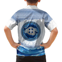 Greece Dolphin Family Matching Off The Shoulder Long Sleeve Dress and Hawaiian Shirt with Greek Key Pattern and Ocean Wave Design