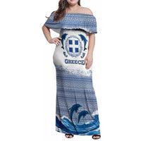 Greece Dolphin Family Matching Off Shoulder Maxi Dress and Hawaiian Shirt with Greek Key Pattern and Ocean Wave Design