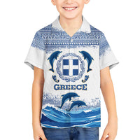 Greece Dolphin Family Matching Short Sleeve Bodycon Dress and Hawaiian Shirt with Greek Key Pattern and Ocean Wave Design