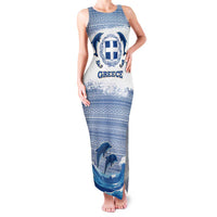 Greece Dolphin Family Matching Tank Maxi Dress and Hawaiian Shirt with Greek Key Pattern and Ocean Wave Design