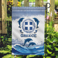 Greece Dolphin Garden Flag with Greek Key Pattern and Ocean Wave Design