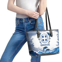 Greece Dolphin Leather Tote Bag with Greek Key Pattern and Ocean Wave Design