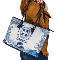 Greece Dolphin Leather Tote Bag with Greek Key Pattern and Ocean Wave Design