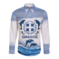 Greece Dolphin Long Sleeve Button Shirt with Greek Key Pattern and Ocean Wave Design