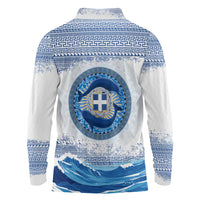 Greece Dolphin Long Sleeve Polo Shirt with Greek Key Pattern and Ocean Wave Design