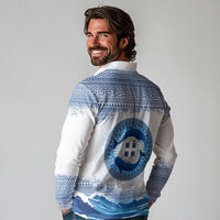 Greece Dolphin Long Sleeve Polo Shirt with Greek Key Pattern and Ocean Wave Design