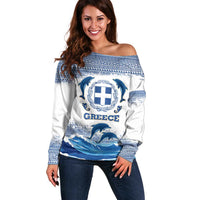 Greece Dolphin Off Shoulder Sweater with Greek Key Pattern and Ocean Wave Design