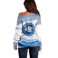Greece Dolphin Off Shoulder Sweater with Greek Key Pattern and Ocean Wave Design