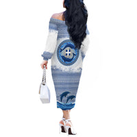 Greece Dolphin Off The Shoulder Long Sleeve Dress with Greek Key Pattern and Ocean Wave Design