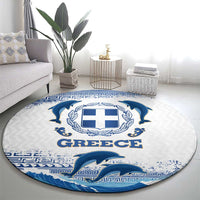 Greece Dolphin Round Carpet with Greek Key Pattern and Ocean Wave Design
