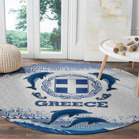 Greece Dolphin Round Carpet with Greek Key Pattern and Ocean Wave Design