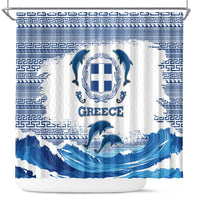 Greece Dolphin Shower Curtain with Greek Key Pattern and Ocean Wave Design