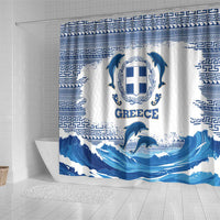 Greece Dolphin Shower Curtain with Greek Key Pattern and Ocean Wave Design