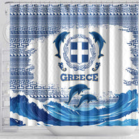 Greece Dolphin Shower Curtain with Greek Key Pattern and Ocean Wave Design