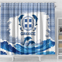 Greece Dolphin Shower Curtain with Greek Key Pattern and Ocean Wave Design