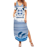 Greece Dolphin Summer Maxi Dress with Greek Key Pattern and Ocean Wave Design