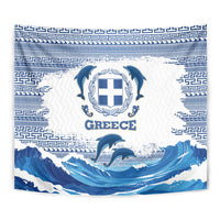Greece Dolphin Tapestry with Greek Key Pattern and Ocean Wave Design