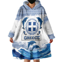 Greece Dolphin Wearable Blanket Hoodie with Greek Key Pattern and Ocean Wave Design
