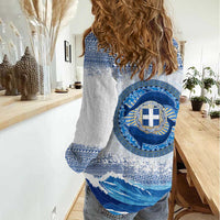 Greece Dolphin Women Casual Shirt with Greek Key Pattern and Ocean Wave Design