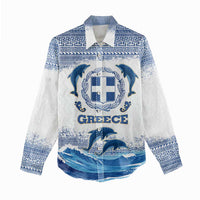 Greece Dolphin Women Casual Shirt with Greek Key Pattern and Ocean Wave Design